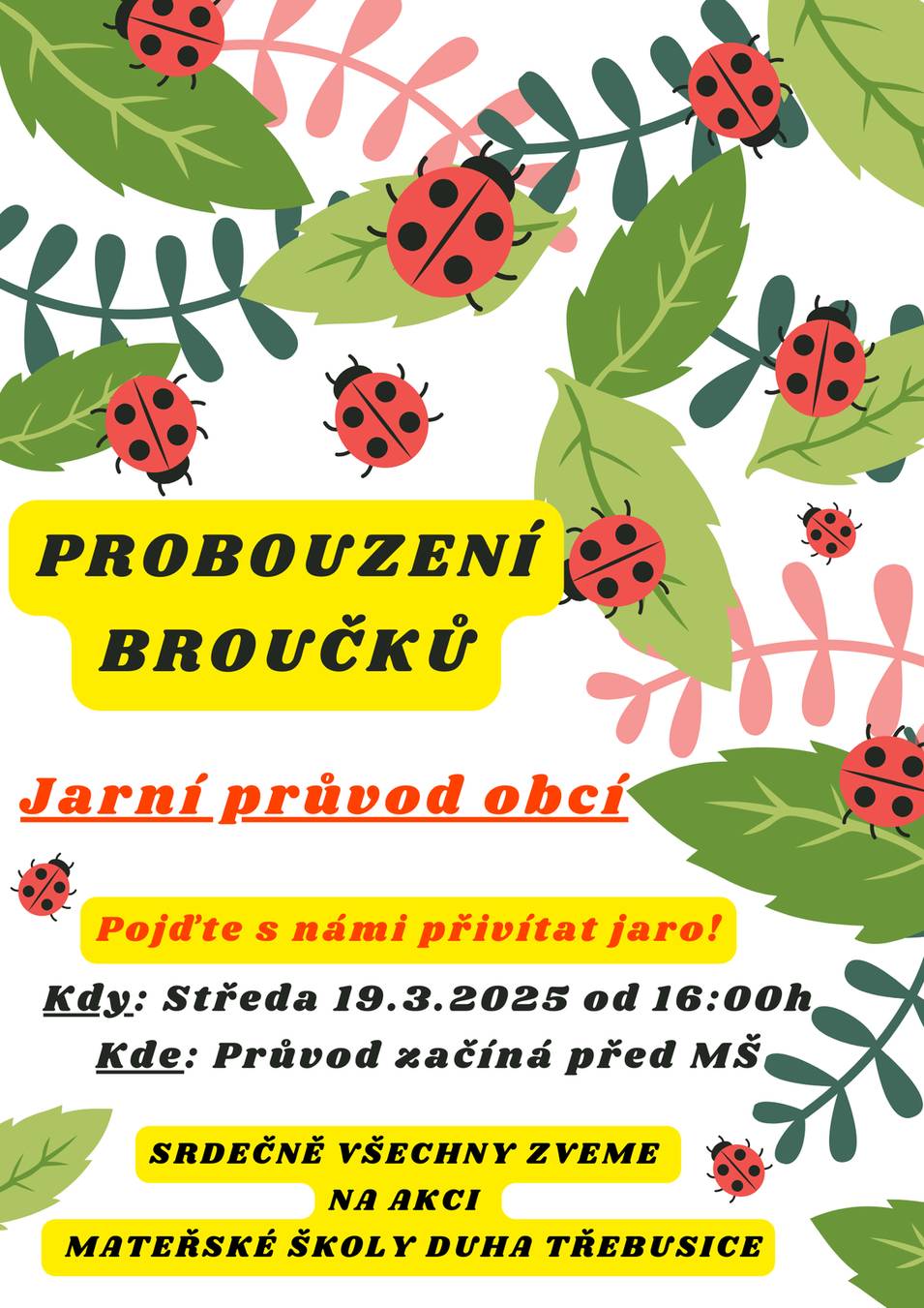 Zveme na první jarní akci "Probouzení broučků", které se koná ve středu 19.března od 16 hodin.