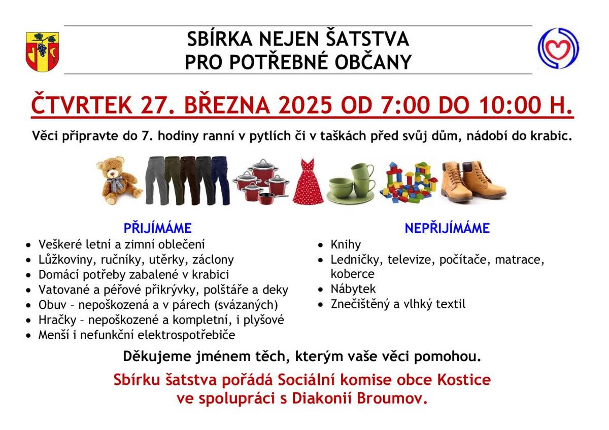 Dne 27. března 2025 se uskuteční sbírka šatstva pro potřebné občany. Připravte věci do 7:00 ráno před svůj dům. Přijímáme oblečení, domácí potřeby a další.