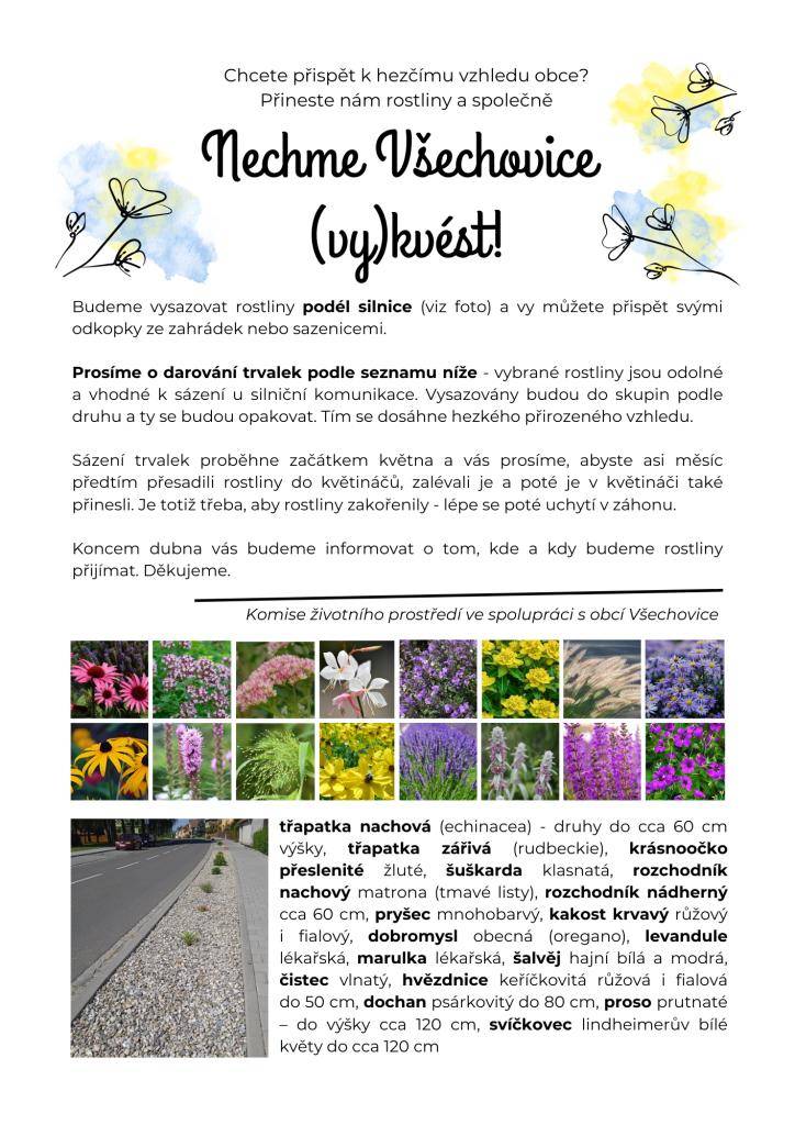 Komise pro životní prostředí a Obec Všechovice vyzývá občany k darování rostlin pro společné vysazování podél silnice. Potřebujeme trvalky, které jsou vhodné a odolné. Sázení proběhne v květnu, prosíme o přípravu rostlin měsíc předem. Děkujeme za spolupráci!