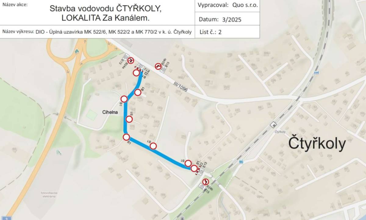 Ve dnech 31.3.-30.4.2025 dojde k uzavírce komunikace 8c vedoucí od tunelu/podjezdu tratě ke komunikaci III/1096. Věnujte prosím zvýšenou pozornost dopravnímu značení. Děkujeme za pochopení. OÚ Čtyřkoly