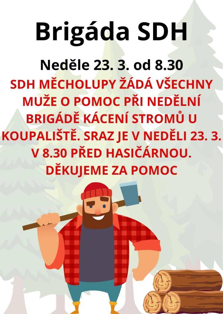 SDH Měcholupy žádá všechny muže o pomoc při kácení stromů.  Sraz v neděli 23.3.2025 v 8:30  před hasičárnou.