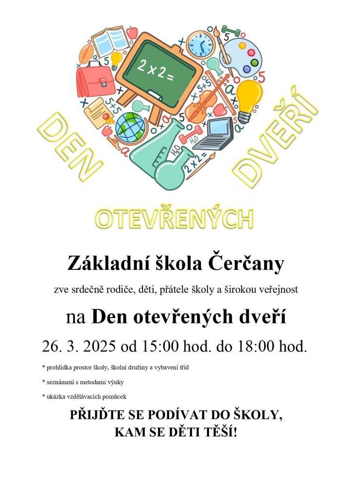 Naše spádová základní škola v Čerčanech pořádá ve středu 26.3. od 15 do 18 hodin den otevřených dveří s prohlídkou školy.