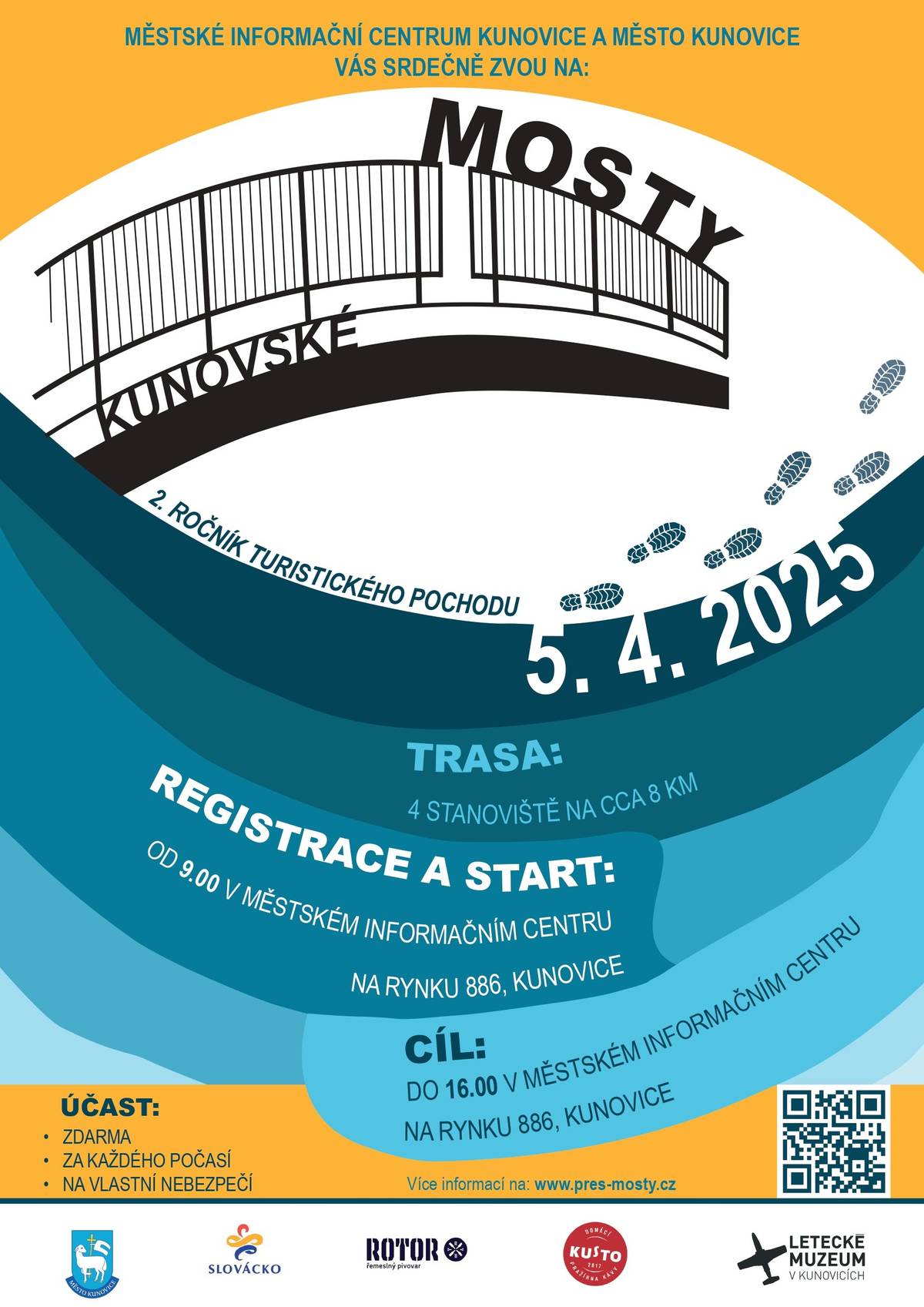 V sobotu 5. dubna se uskuteční již 2. ročník turistického pochodu s názvem Kunovské MOSTY.   Řeka Olšava, Morava, a tedy i mosty a lávky vedoucí přes tyto řeky jsou nedílnou součástí historie trojměstí Staré Město – Uherské Hradiště – Kunovice. Během akce se účastníci na trasách seznámí se střípky z historie formou informačních tabulek, umístěných u jednotlivých mostů. Hlavním smyslem akce však zůstává vytáhnout jednotlivce, dvojice či větší skupiny na čerstvý vzduch a těšit se z míst, kde žijeme.  Do akce se i letos zapojují místní podniky, které procházku na čerstvém vzduchu zpříjemní občerstvovacími zastávkami.   Účast na kunovské trase v rámci této akce přislíbili:  Pivovar Rotor Domácí pražírna kávy KUSTO Městské informační centrum Kunovice Letecké muzeum v Kunovicích  Trasa KUNOVSKÝCH MOSTU bude začínat v Městském informačním centru Kunovice v ulici Na Rynku. Zde každý, kdo na pochod vyrazí, dostane nejen všechny potřebné informace, ale taky záznamovou kartičku na razítka a mapku s přehledem zastavení – mostů. Je zcela na vás, jaké pořadí zvolíte a zda projdete všechny nebo jen některé.  registrace účastníků v informačním centru budou možné od 9.00 hodin a poslední výprava by odsud měla vyrazit ve 14.00 hodin za vyplněnou kartičku s nasbíranými razítky obdržíte pamětní list, pro který se můžete zastavit do 16 hodin na MIC délka kunovské trasy cca 8 km účast na akci zdarma za každého počasí  Sousední město Uherské Hradiště a na něj navazující Staré Město pak rozšiřují možnosti a nabízí nejrůznější varianty, jak si trasu zpestřit, protáhnout či propojit skrz jednotlivá města, což je zajímavá příležitost zejména pro ty, kdo rádi chodí. Ve všech třech městech (v Uherském Hradišti, v Kunovicích i ve Starém Městě) je výchozím bodem vždy infocentrum.