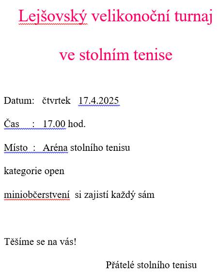 Velikonoční turnaj ve stolním tenisu