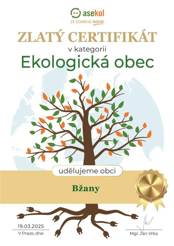 Naše obec byla oceněna Zlatým certifikátem v kategorii Ekologická obec. Toto prestižní uznání potvrzuje naše úsilí o ochranu životního prostředí a udržitelnost. Děkujeme všem, kteří se na této cestě podíleli!