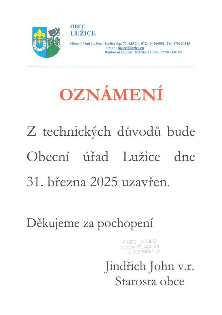 Uzavření OÚ Lužice dne 31. 3. 2025