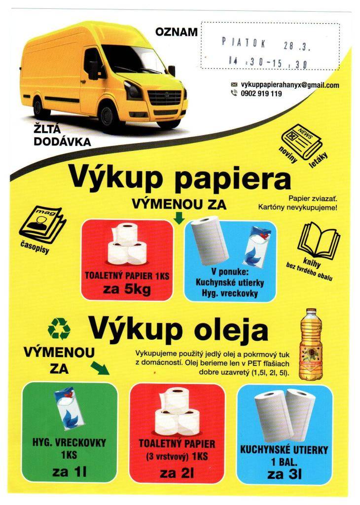 Výkup papiera a oleja sa uskutoční dňa 28.03.2025, piatok, od 14.30 do 15.30 hod. Leták nájdete v prílohe