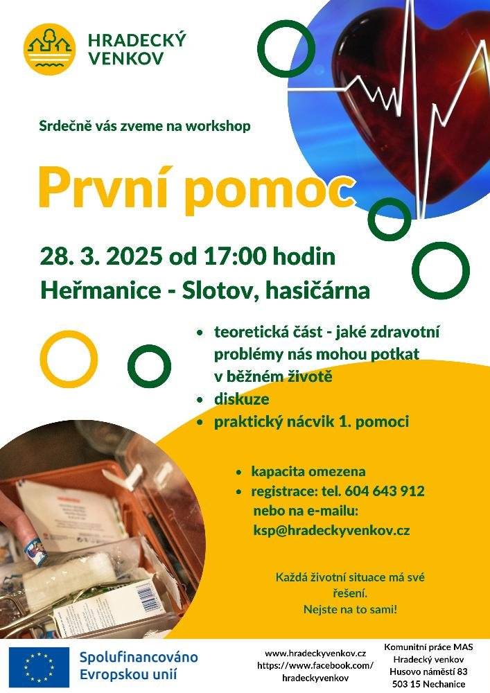 Obec Heřmanice ve spolupráci s MAS Hradecký venkov zve občany na workshop s názvem První pomoc, který se koná v pátek dne 28.3.2025 od 17:00 hod. v klubovně hasičské zbrojnice ve Slotově.