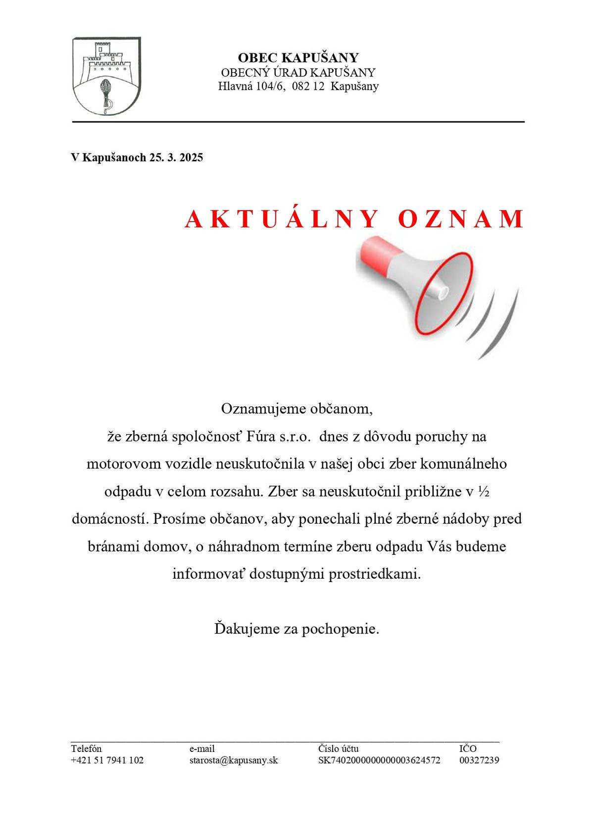 Oznam zber odpadu neuskutočnený v celej obci