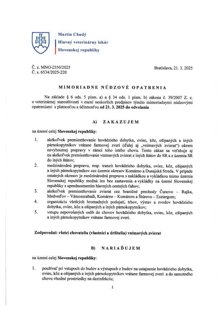 Mimoriadne núdzové opatrenia - slintačka a krívačka