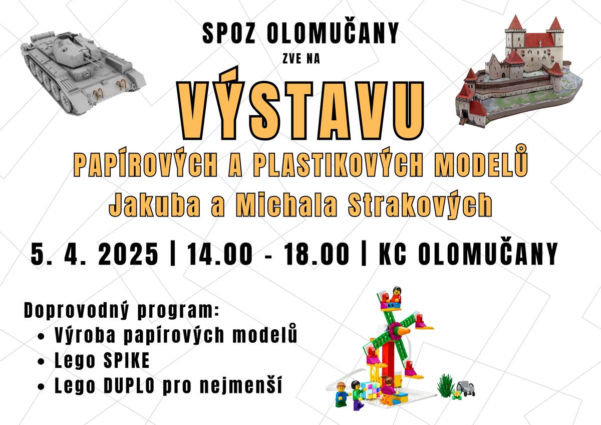 Srdečně zveme malé i velké na výstavu papírových a plastikových modelů sourozenců Strakových (10 a 13 let), rodáků z Olomučan. Výstava proběhne v sobotu 5.4.2025 od 14 do 18 hodin v KC Olomučany. Kluci zde představí nejen své první modely, ale i pokročilejší práce za něž získali řadu ocenění na soutěžích a výstavách papírových modelů. Těšit se můžete také na doprovodný program se stavebnicí LEGO.