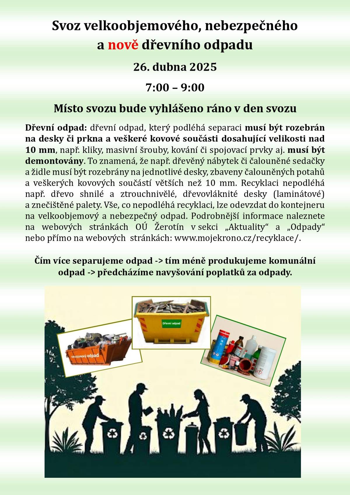 Svoz velkoobjemového, nebezpečného a nově dřevního odpadu 26. dubna 2025 od 7 - 9 hodi