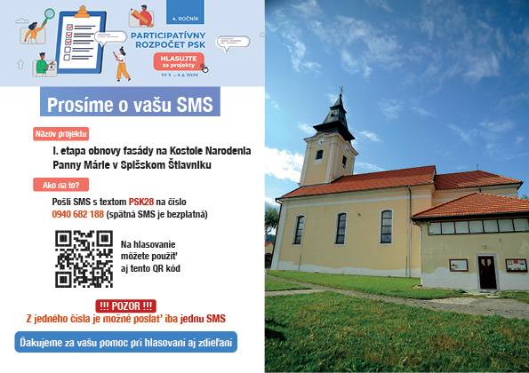 Aj v tomto roku sa naša farnosť zapojila do výzvy Prešovského samosprávneho kraja s názvom Participatívny rozpočet. Finančné prostriedky chceme využiť na 1. etapu obnovy fasády na kostole Narodenia Panny Márie v Spišskom Štiavniku.