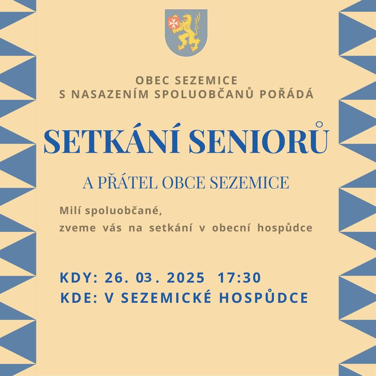 Setkání seniorů ve středu 26.3.2025 od 17:30 v Sezemicích.