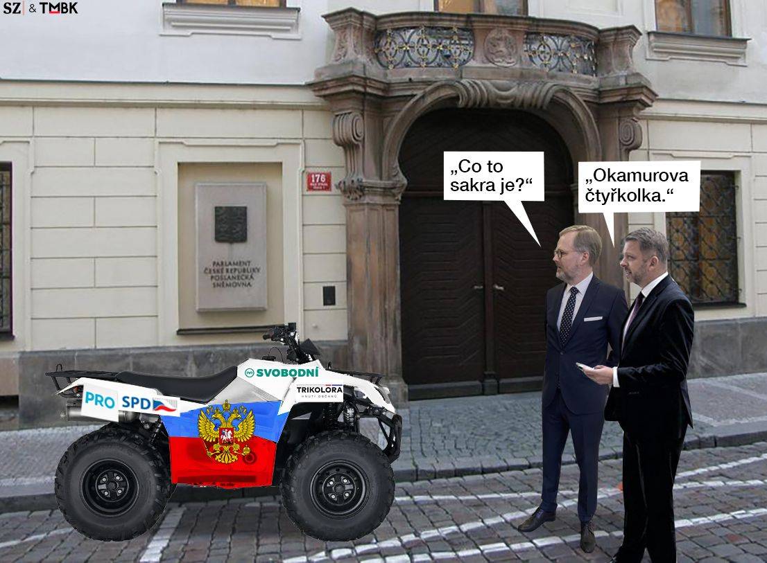 Tomio Okamura bude kandidovat s SPD ve čtyřkoalici se Svobodnými, PRO a Trikolorou. Dokonalý čtyřslepenec, nebo čtyřkolka? Koláž TMBK pro SZ.