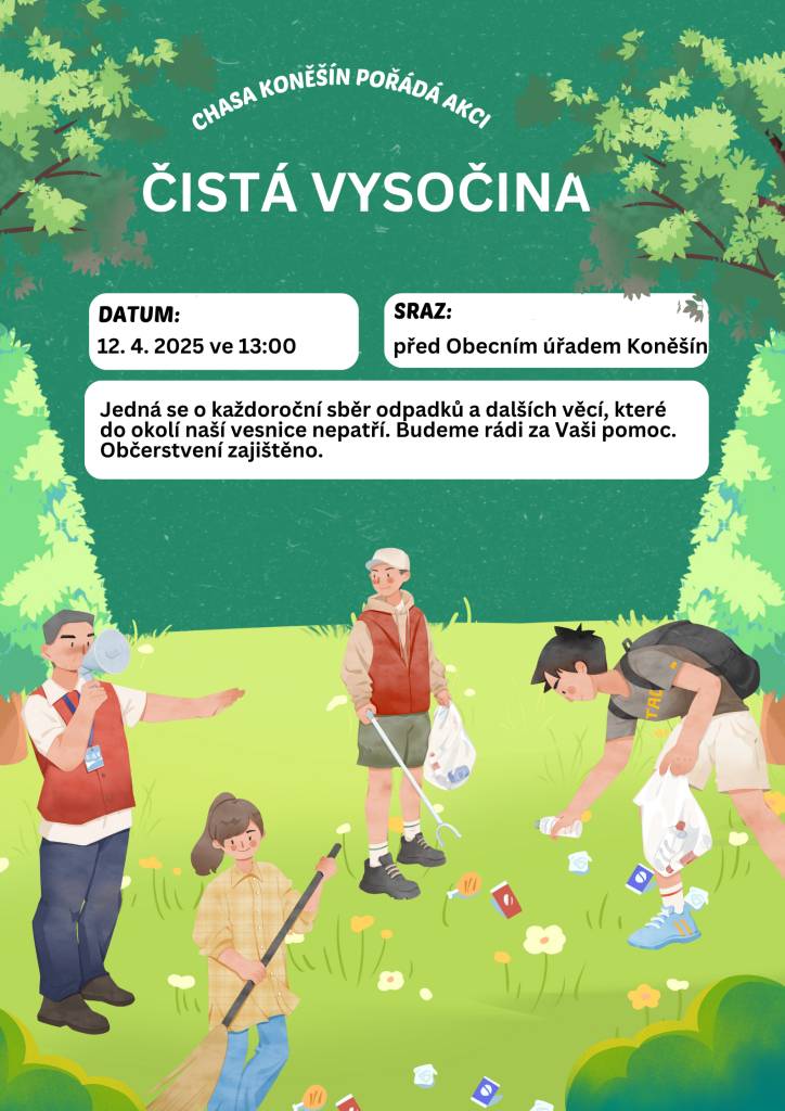 Chasa Koněšín pořádá akci ČISTÁ VYSOČINA dne 12. 4. 2025 od 13:00 hod