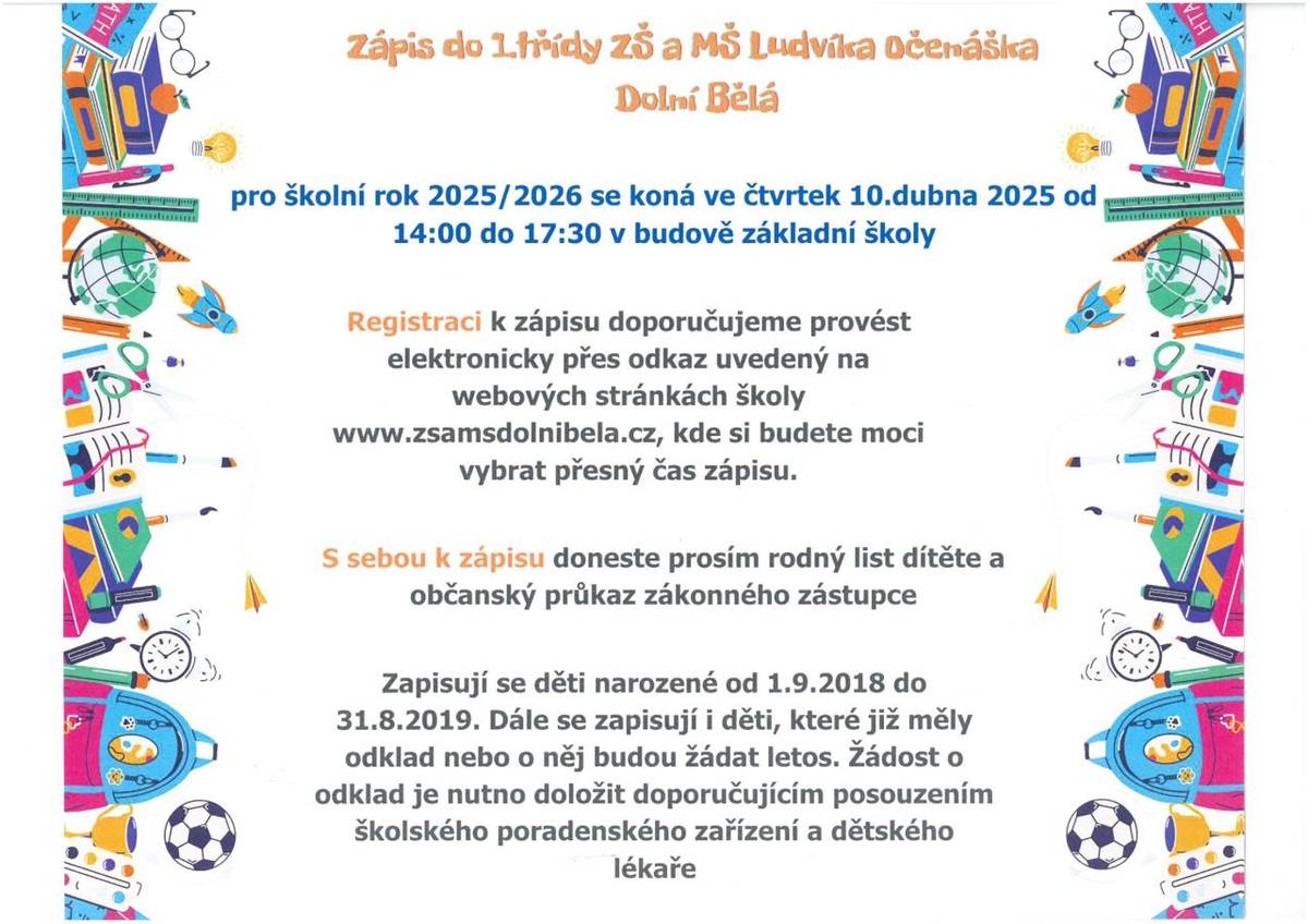 Zápis do 1. třídy ZŠ Dolní Bělá