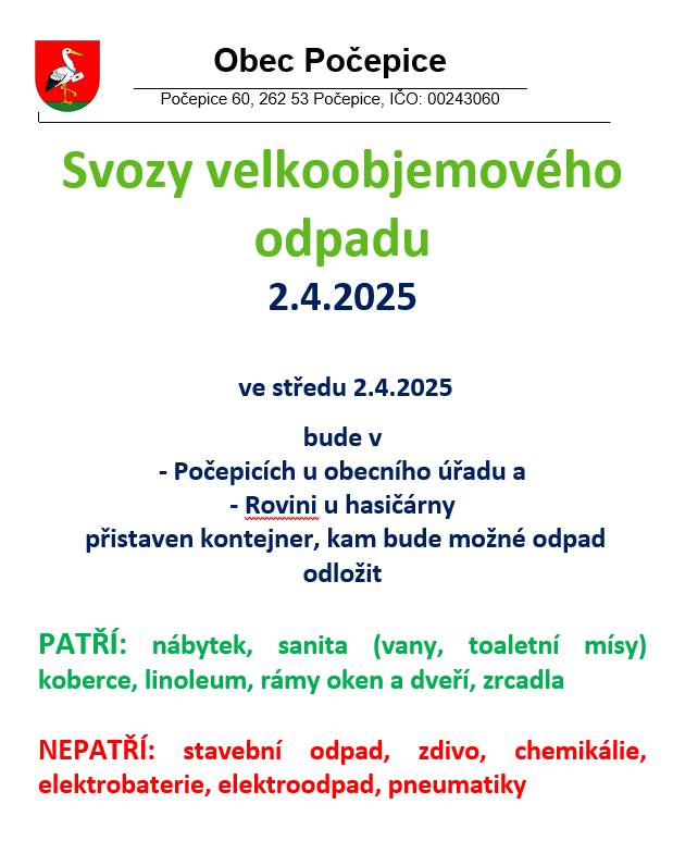 Svozu velkoobjemového odpadu pro občany 2.4.2025 Počepice, Rovina