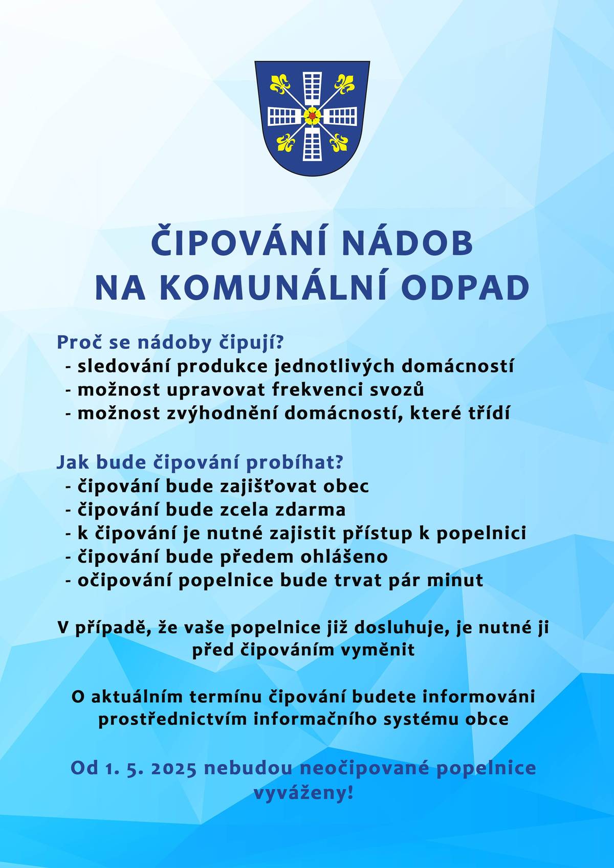 Vzhledem ke zvyšování poplatku za skládkování a zároveň snižování limitu komunálního odpadu na obyvatele (v roce 2025 160 kg, každý rok se pak snižuje o 10 kg až na 120 kg v roce 2029) jsme se rozhodli očipovat nádoby na komunální odpad. Náklady na likvidaci odpadů každoročně stoupají a my nechceme příliš zatěžovat peněženky běžných domácností, hledáme i jiné způsoby, proto jsme se rozhodli k tomuto kroku, kdy budeme s daty z jednotlivých vývozů pracovat tak, abychom co nejlépe optimalizovali náš systém. Již nyní máme k dispozici data z vývozů plastů, papíru a bioodpadu. Čipování nepřináší prozatím nic, ale v budoucnu bychom data z čipů chtěli využít zejména k finančnímu motivování domácností k třídění a předcházení vzniku odpadu. Mnoho domácností se velmi snaží již teď, jejich přeplatky však dotují ty nezodpovědné a jsme vyzýváni k zavedení spravedlivého placení odpadu (zaplať, co produkuješ). Domácnosti, kde se třídí a předchází vzniku odpadu, ve velkém počtu splňují normu roku 2029, což je fantastické a my si jich za to vážíme. Je však potřeba, aby se zapojili všichni a my nemuseli řešit dopady vyššího skládkovného jako loni. Mýtus o tom, že si někdo platí odpad, tak do popelnice může házet, co chce, je již zcela vyvrácen a nelze jim argumentovat, protože likvidaci odpadu obec za každého občana výrazně dotuje. Čipování bude probíhat dle výzvy v informačním systému Munipolis. Kdo prozatím nemá zaregistrován, stačí se zaregistrovat na obec-lesna-znojmo.munipolis.cz nebo může přijít během úředních hodin na obecní úřad, kde mu můžeme registraci udělat. Na plastové popelnice (120l a 240l) se bude lepit nalepovací čip. Na kovové popelnice (110l) bude nutné přinýtovat speciální čip. To vše udělá obec. Pokud vaše popelnice dosluhuje, je nutné ji co nejdříve vyměnit. Nádoby bez čipu nebudou od 1. 5. 2025 vyváženy.