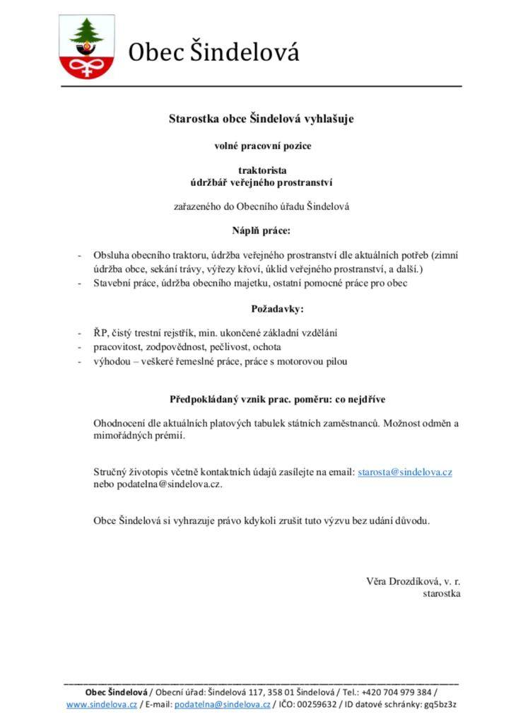 Volné pracovní pozice - traktorista, údržbář veřejného prostranství