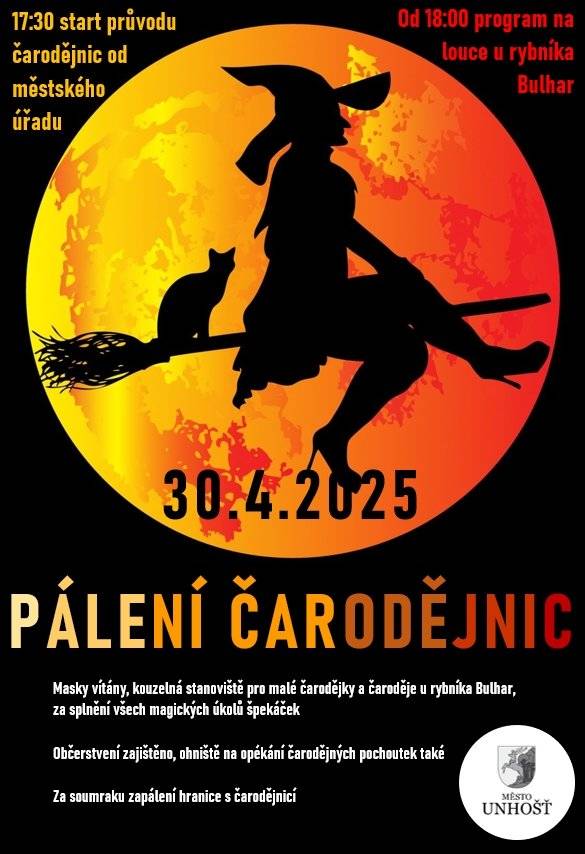 Srdečně Vás zveme na pálení čarodějnic dne 30.4.2025 u rybníku Bulhar