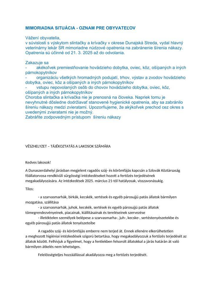 Mimoriadna situácia - Oznam pre obyvateľov