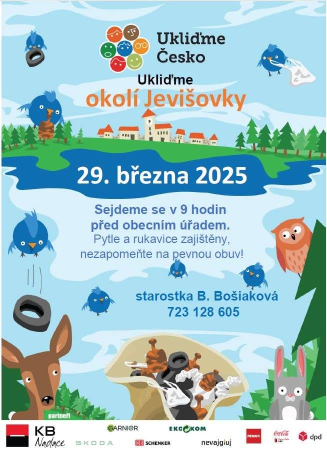 1/   V sobotu 29. března proběhne celostátní akce Ukliďme Česko, do která se již tradičně zapojila také naše obec s akcí Ukliďme okolí Jevišovky. Pokud máte čas a není vám lhostejné, jak vypadá okolí naší obce, dostavte se v 9 hodin k obecnímu úřadu, kde budete vybaveni pytli na odpad a rukavicemi. Jednotlivé skupinky sběračů, děti i dospělí jako vždy budou nasměrováni tak, abychom vyčistili celé okolí naší obce.  Na závěr si uděláme táborák ze suchých větví a opečeme špekáček.  Těšíme se na hojnou účast.   2/  Místní knihovna připomíná čtenářům, že dnes je pravidelné půjčování knih od 15 do 17 hodin.