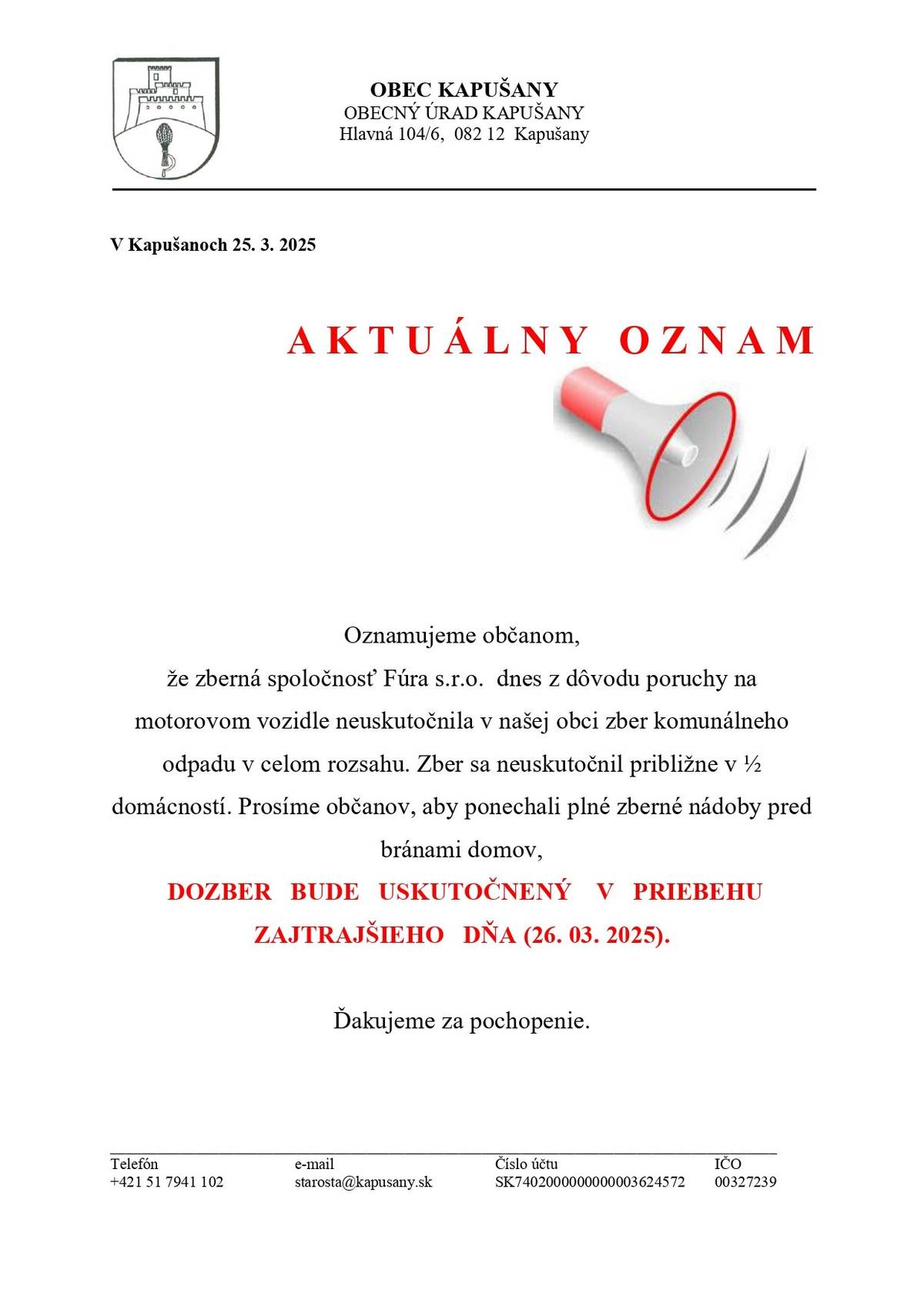 Oznam zber odpadu neuskutočnený v celej obci