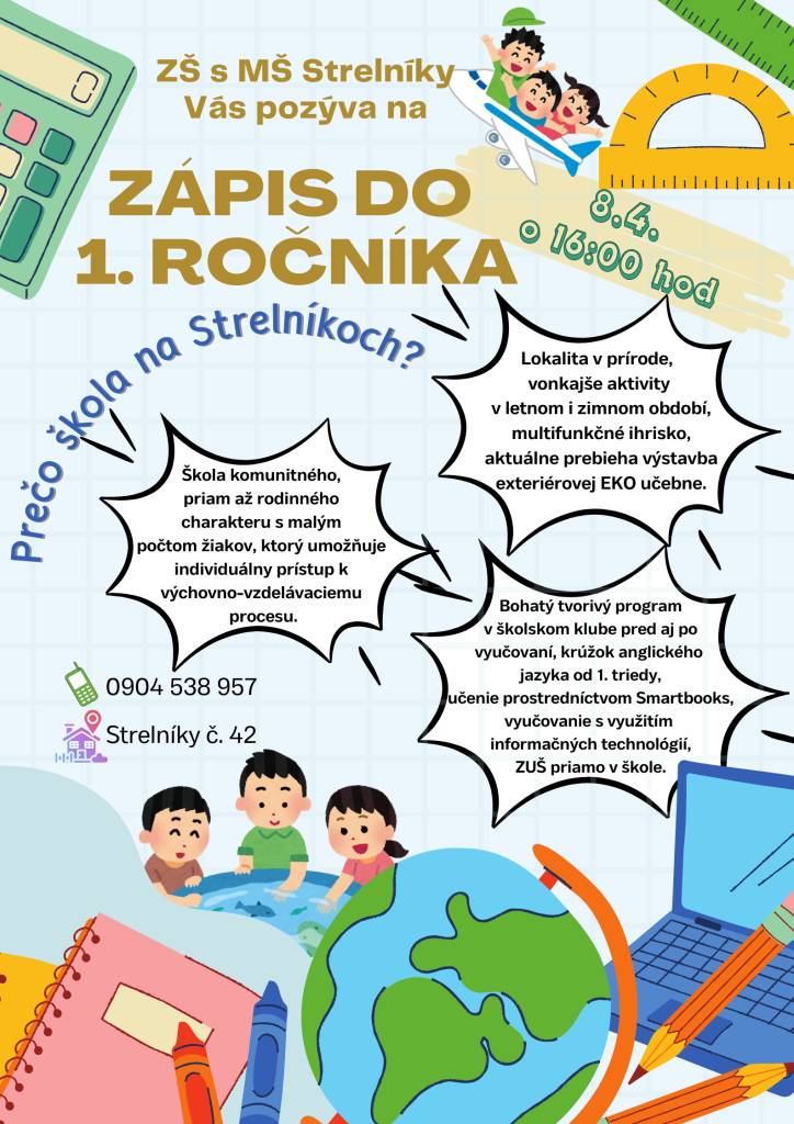 Prečo škola na Strelníkoch? Škola komunitného priam až rodinného charakteru, vonkajšie aktivity v letnom i zimnom období, multifunkčné ihrisko. Aktuálne prebieha výstavba exteriérovej EKO učebne. Bohatý tvorivý program pred aj po vyučovaní, krúžok anglického jazyka od 1.triedy, ZUŠ priamo v škole.