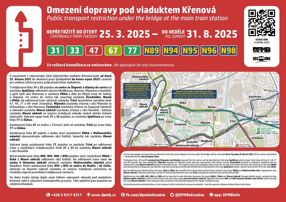 Výluka související s opravou viaduktu se dotkne o deseti vybraných víkendech také tramvajové dopravy. Zastávky linek 8, 9, 10 a 12 budou během nich přesunuty za viadukt do Křenové ulice a na Dornych. Sledujte web www.dpmb.cz.