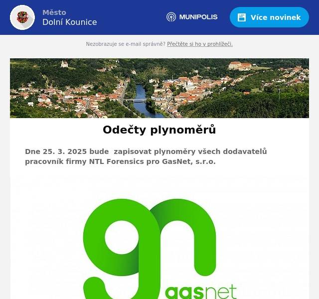 Dne 25. 3. 2025 bude  zapisovat plynoměry všech dodavatelů pracovník firmy NTL Forensics pro GasNet, s.r.o.