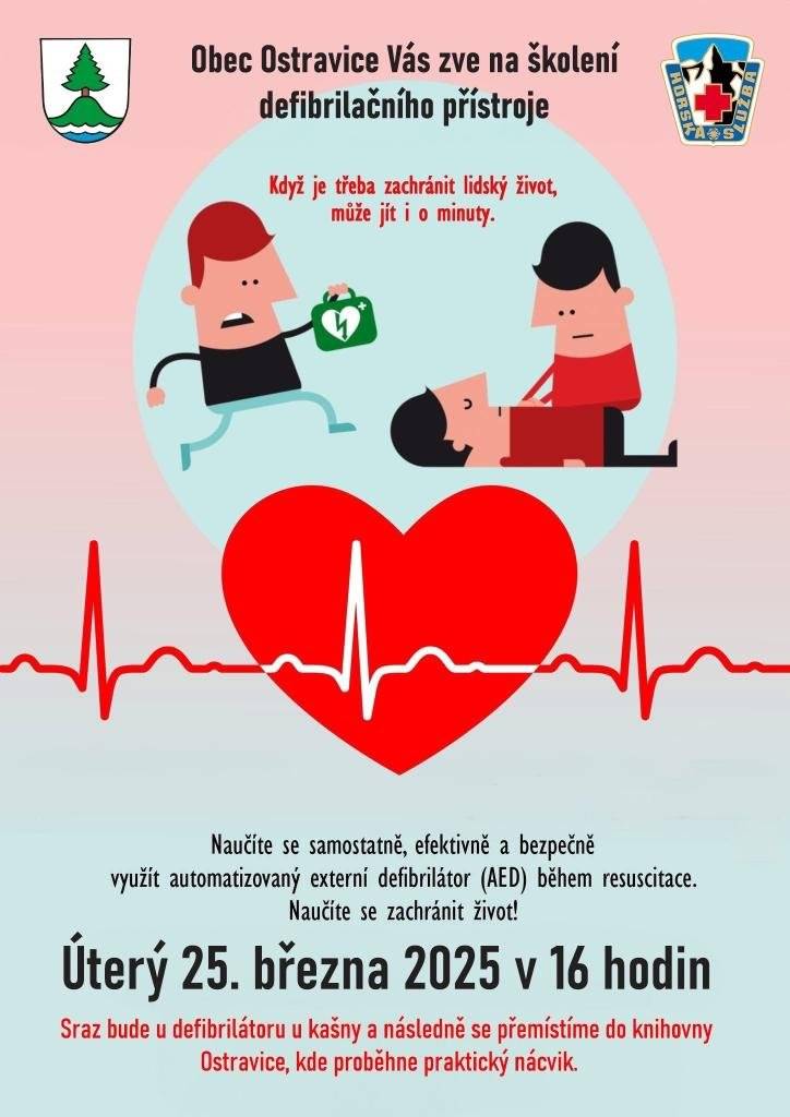 Vážení občané, zveme Vás na školení defibrilačního přístroje v úterý 25.3. Sraz na autobusovém nádraží v 16 h.