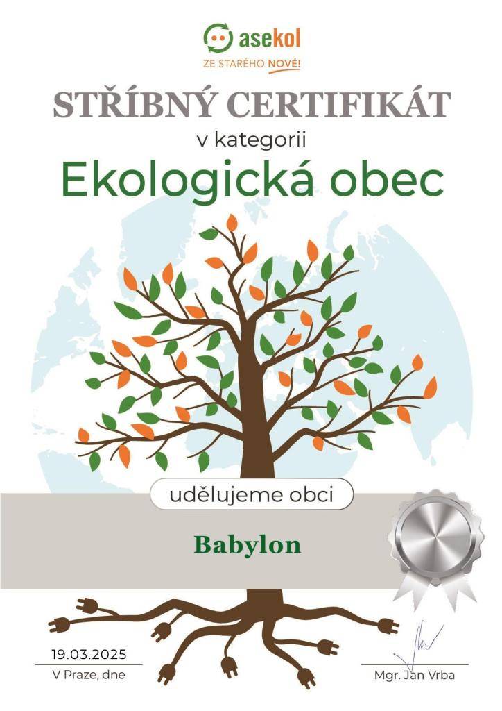 Naše obec byla oceněna stříbrným certifikátem Ekologická obec za významný přínos v oblasti zpětného odběru elektrozařízení. Toto ocenění svědčí o našem aktivním přístupu k ochraně životního prostředí.