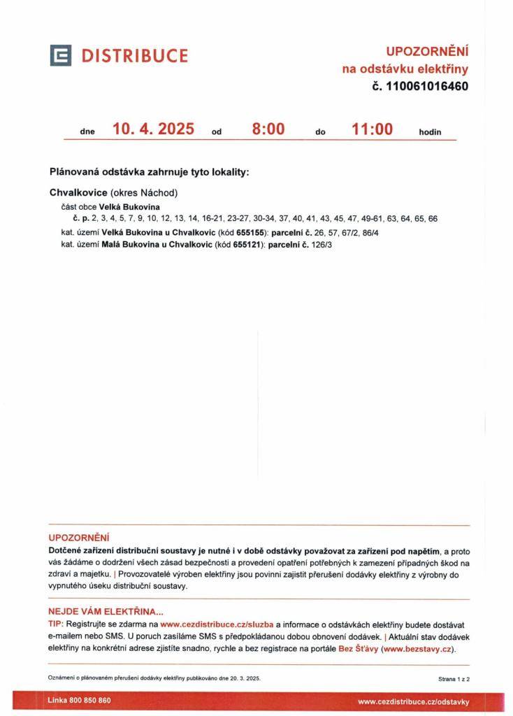 ČEZ - odstávka elektřiny dne 10.4.2026 Velká Bukovina