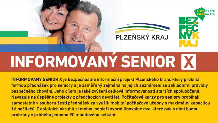 Plzeňský kraj v letošním roce pokračuje v projektu pro seniory zaměřeném na prevenci kriminality „Informovaný senior“. Cílem této aktivity je přinést seniorům informace z oblastí důležitých pro jejich život a pomoci jim předcházet možnému ohrožení.