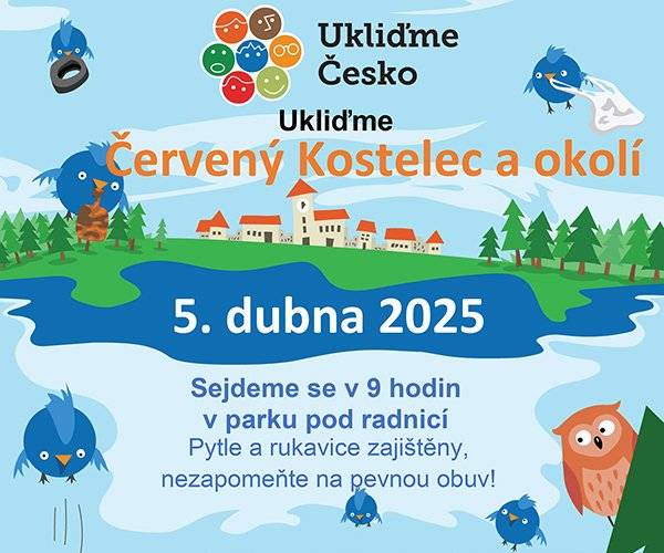 Připojte se k místním úklidovým skupinám v rámci již tradiční celostátní akce Ukliďme Česko. Úklidové skupiny pro naše město organizují Marcela Franková, Sylva Murdochová a další s podporou a pomocí Města Červený Kostelec a Technických služeb Č. Kostelec. Sejdeme se v 9 hodin v parku mezi radnicí a autobusovým nádražím. Další stanoviště výdeje pytlů a rukavic budou doplňovány, aby účastníci úklidu nemuseli do centra. Uklízet budeme celý Červený Kostelec a okolní části obce spadající pod Červený Kostelec (Lhota, Olešnice, Bohdašín, Stolín, Horní Kostelec). Kromě hlavní úklidové skupiny v centru města jsou naplánované ještě další lokality (viz. přiložené letáky):  4. dubna – Průmyslová zóna, sraz u firmy Boltjes 5. dubna – Stolín, sraz na návsi 5. dubna – Lhota, sraz na návsi  Vedle toho se v průběhu týdne do úklidu zapojí také školní družina a studenti SZŠ.  Další informace o akci najdete ZDE.