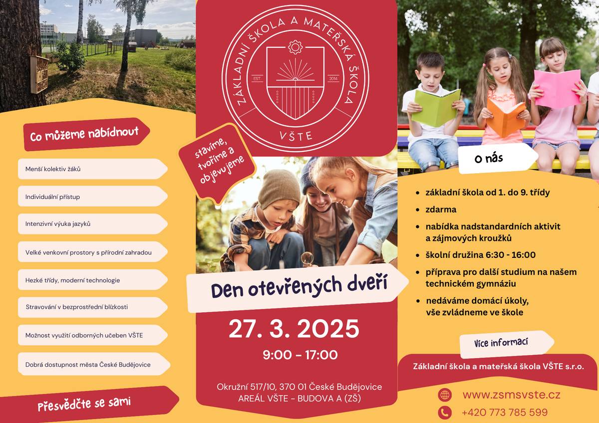 Vážení rodiče, posílám pozvánku na "Den otevřených dveří" ZŠ VŠTE v Českých Budějovicích, který se koná ve čtvrtek 27. 3. 2025 od 9 do 17 hodin. Obec Adamov