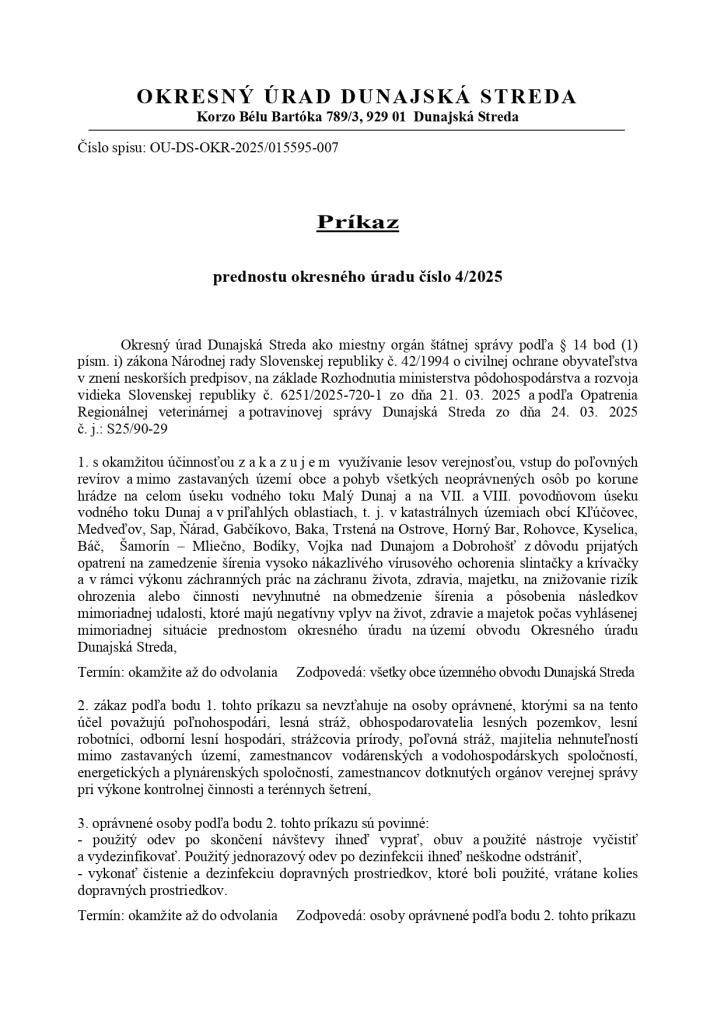 Príkaz prednostu okresného úrad č. 4/2025