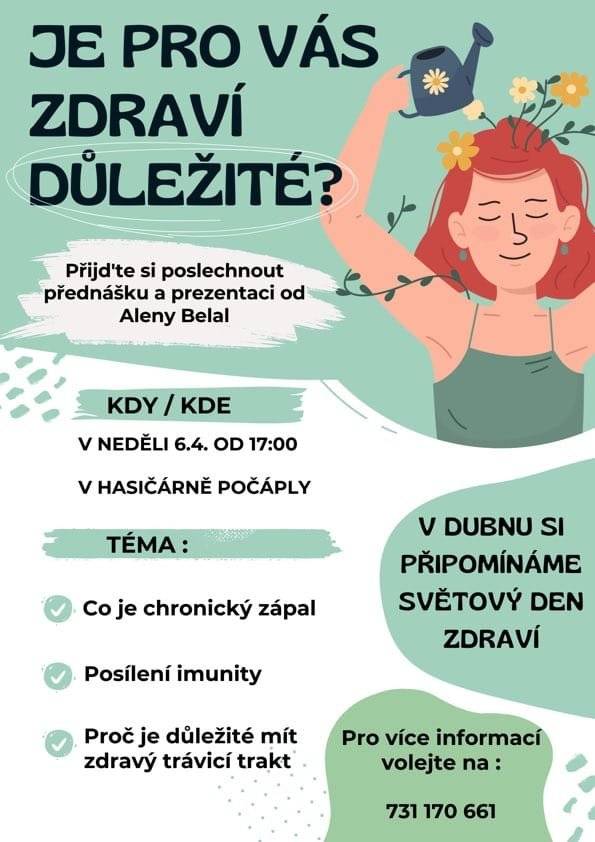 Milí sousedé, zveme vás na přednášku o zdraví a zdravém trávení, kterou si pro vás připravila Alena Belal (Chocholová). Dozvíte se užitečné informace o tom, jak podpořit imunitu a celkovou pohodu. 📅 Datum: neděle 6.4.2025 📍 Místo: hasičárna Počaply 🕒 Čas: 17:00 hodin Pro všechny účastníky bude připravena káva a něco dobrého na zub. Přijďte si poslechnout zajímavé tipy a strávit příjemný čas ve společnosti sousedů. Těšíme se na vás! 🌸