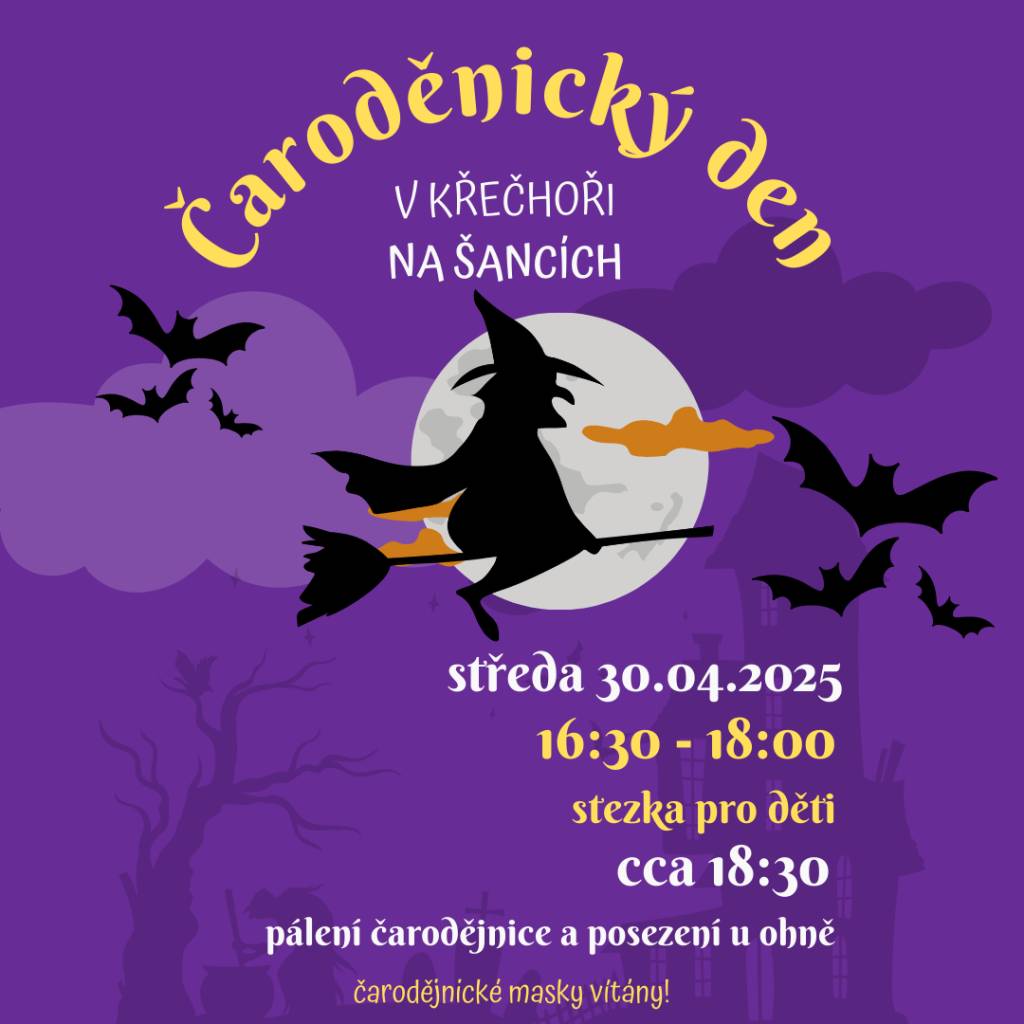Zveme vás na Čarodějnický den v Křečhoři, kde ožijí kouzla, magie a starodávné rituály. Přijďte si užít den plný zábavy, soutěží a tajemných překvapení!  Kdy? ve středu 30.04.2025  Kde? Na Šancích v Křečhoři   Více informací na přiloženém plakátu.