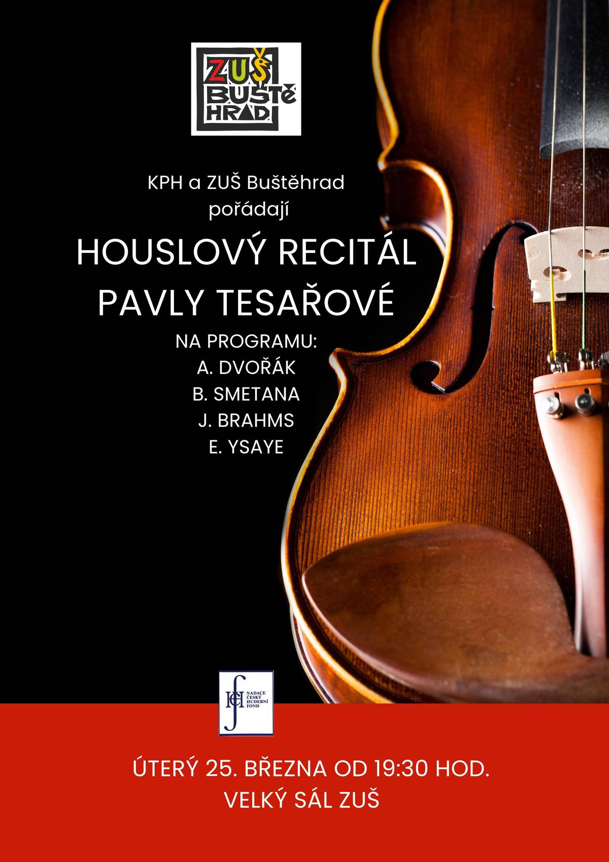 Buštěhradský Kruh přátel hudby srdečně zve na zahajující koncert sezony 2025, na kterém si pro Vás připravil opravdovou lahůdku klasické komorní hudby, a to houslový recitál Pavly Tesařové, který zazní již zítra v úterý 25.3.2025 od 19:30 hodin ve Velkém sále ZUŠ Buštěhrad. V programu zazní hudba Bedřicha Smetany, Antonína Dvořáka, Johannesa Brahmse, Eugéne Ysaÿe, Miroslava Hoška, Václava Smita, za klavírního doprovodu Martina Fily. Vstupné je dobrovolné. Pavla Tesařová patří mezi nejlepší mladé umělce současné scény klasické hudby v ČR, kteří si postupně získávají uznání i na prestižních zahraničích hudebních pódiích, akcích, soutěžích jako i na univerzitách coby vyhledávaný hudební pedagog.  V r. 2023 se stala vítězkou Mezinárodní online hudební soutěže L. van Beethovena, kterou pořádá Organizace online hudebních soutěží v Británii. Jejím posledním úspěchem je nedávné vítězství v konkurzu na pozici koncertní mistryně Pražské komorní filharmonie. Její celý umělecký životopis si můžete přečíst v kalendáři akcí: https://www.mestobustehrad.cz/nas-bustehrad/kalendar/2025-03-25/   S pozdravem a přáním pěkného dne   Zdeňka Vestfálová Městský úřad Buštěhrad