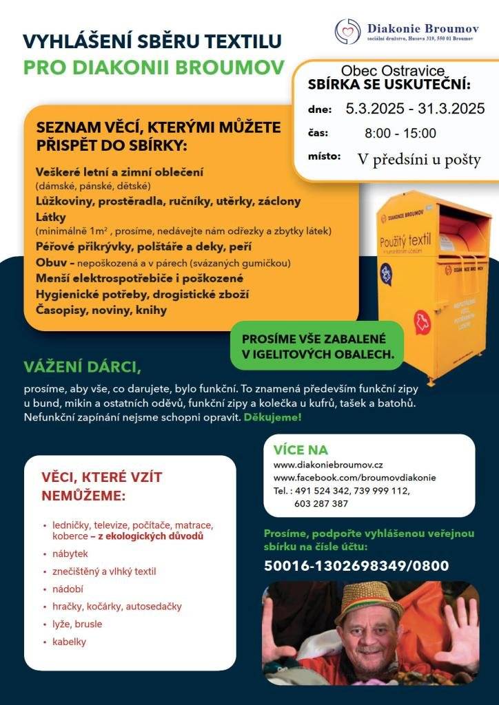 Vážení občané, upozorňujeme, že do pondělí 31.3. do 15 h u pošty probíhá sbírka věcí pro charitu.