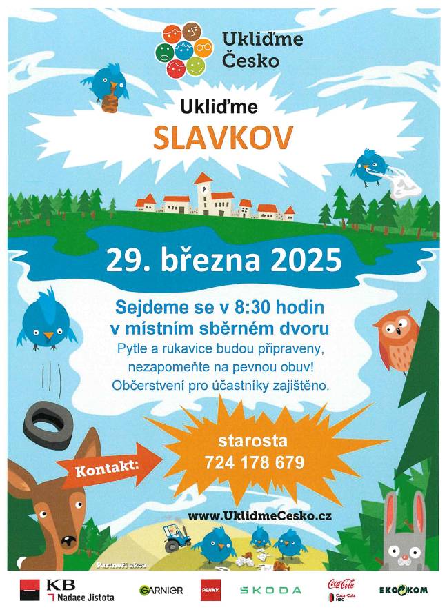 Obec Slavkov se letos opět připojuje k akci Ukliďme Česko Akce proběhne v sobotu 29. 3. 2025. Pro dobrovolníky budou zajištěny ochranné rukavice, pytle na odpad a další pomůcky. Pojďme společně uklidit nepořádek a černé skládky v našem okolí