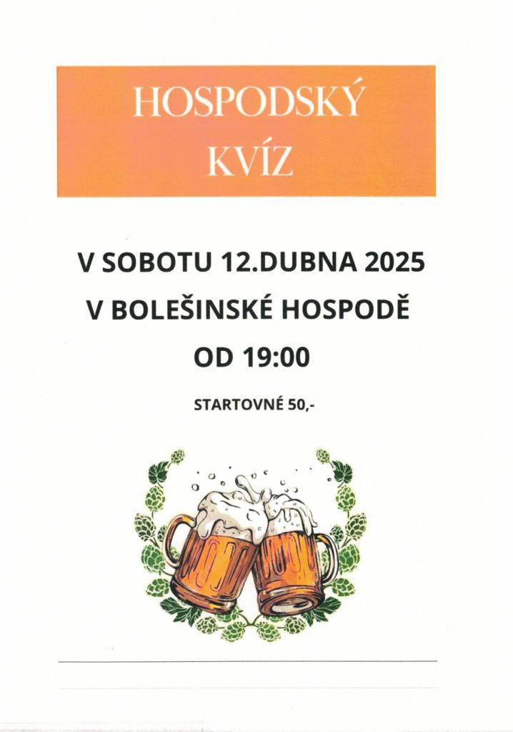Bolešinská hospoda pořádá v sobotu 12.dubna od 19:00 hodin HOSPODSKÝ KVÍZ