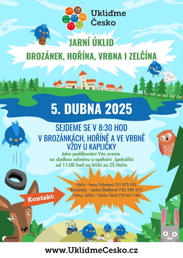 Sraz pro všechny dobrovolníky je v sobotu 5. dubna. Sejdeme se u kapliček v Brozánkách, v Hoříně a ve Vrbně. Velmi si vážíme každého, kdo se zúčastní. Malé poděkování pro všechny bude připraveno od 11:00 hodin na hřišti za školou. Pytle a rukavice máme k dispozici!