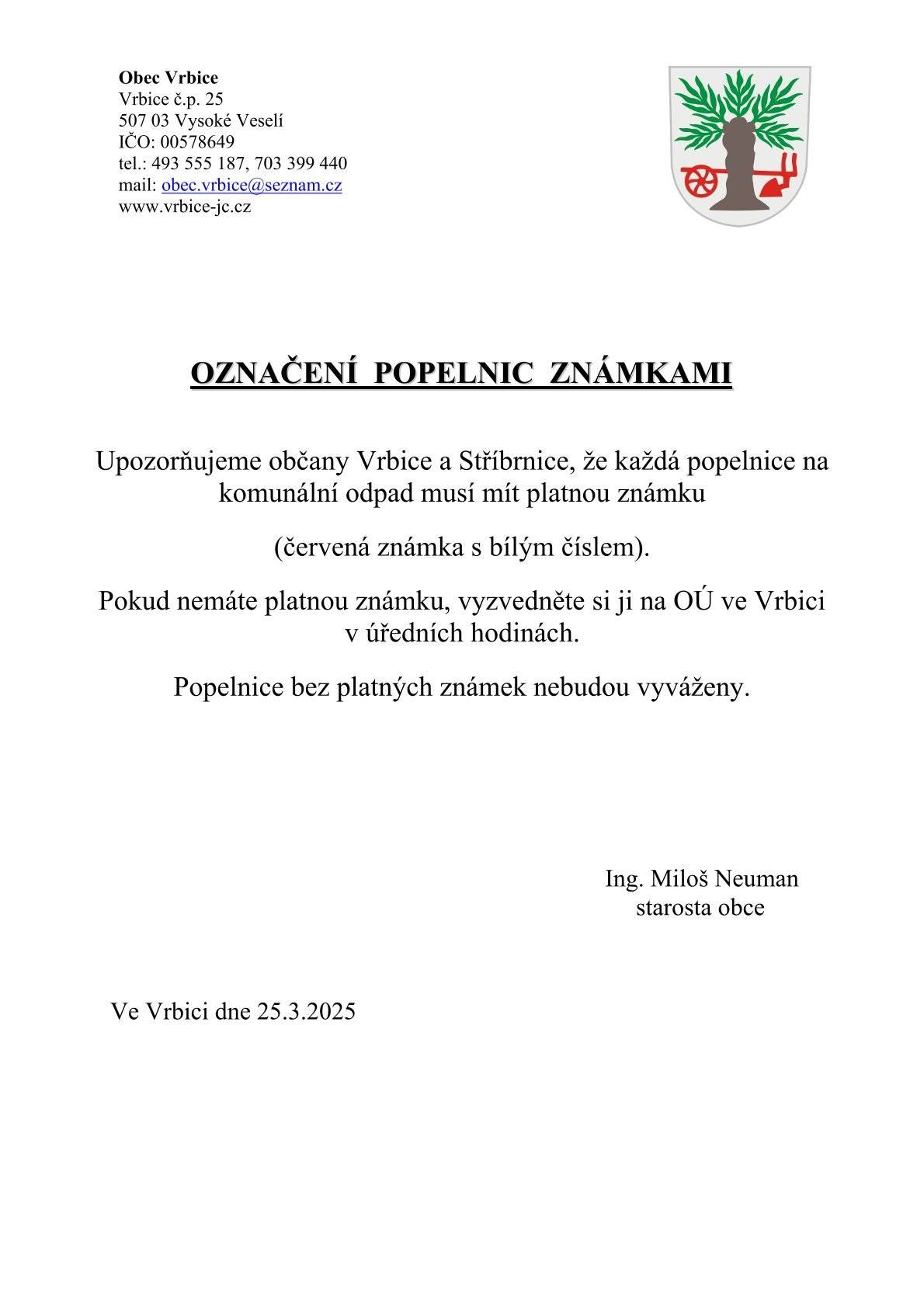 Označení popelnic známkami