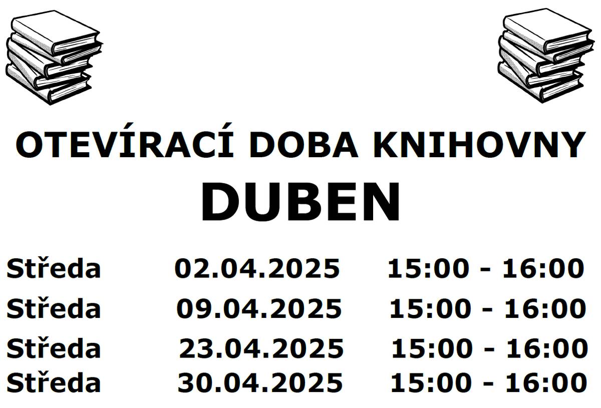 Středa 02.04.2025 15:00 - 16:00  Středa 09.04.2025 15:00 - 16:00  Středa 23.04.2025 15:00 - 16:00  Středa 30.04.2025 15:00 - 16:00