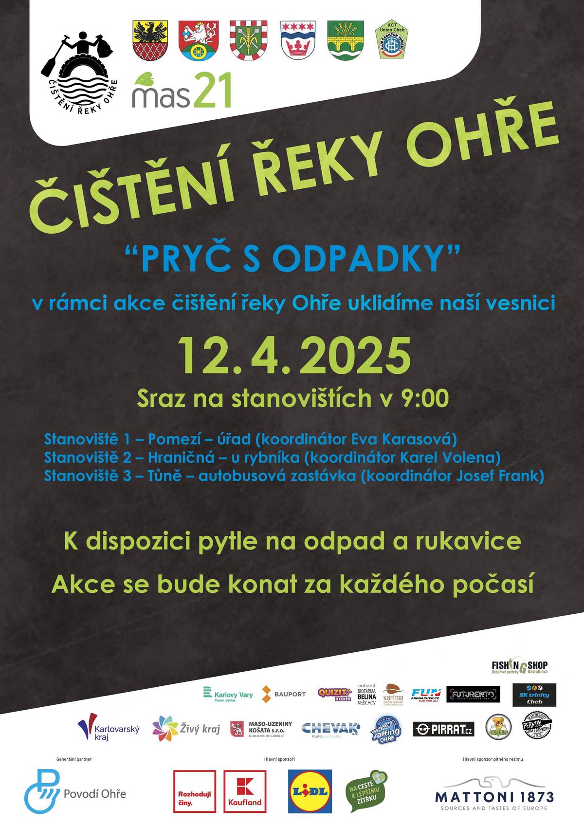 V rámci akce "čištění řeky Ohře" uklidíme naši obec. Sraz 12. 4. 2025 v 9.00 na uvedených stanovištích.