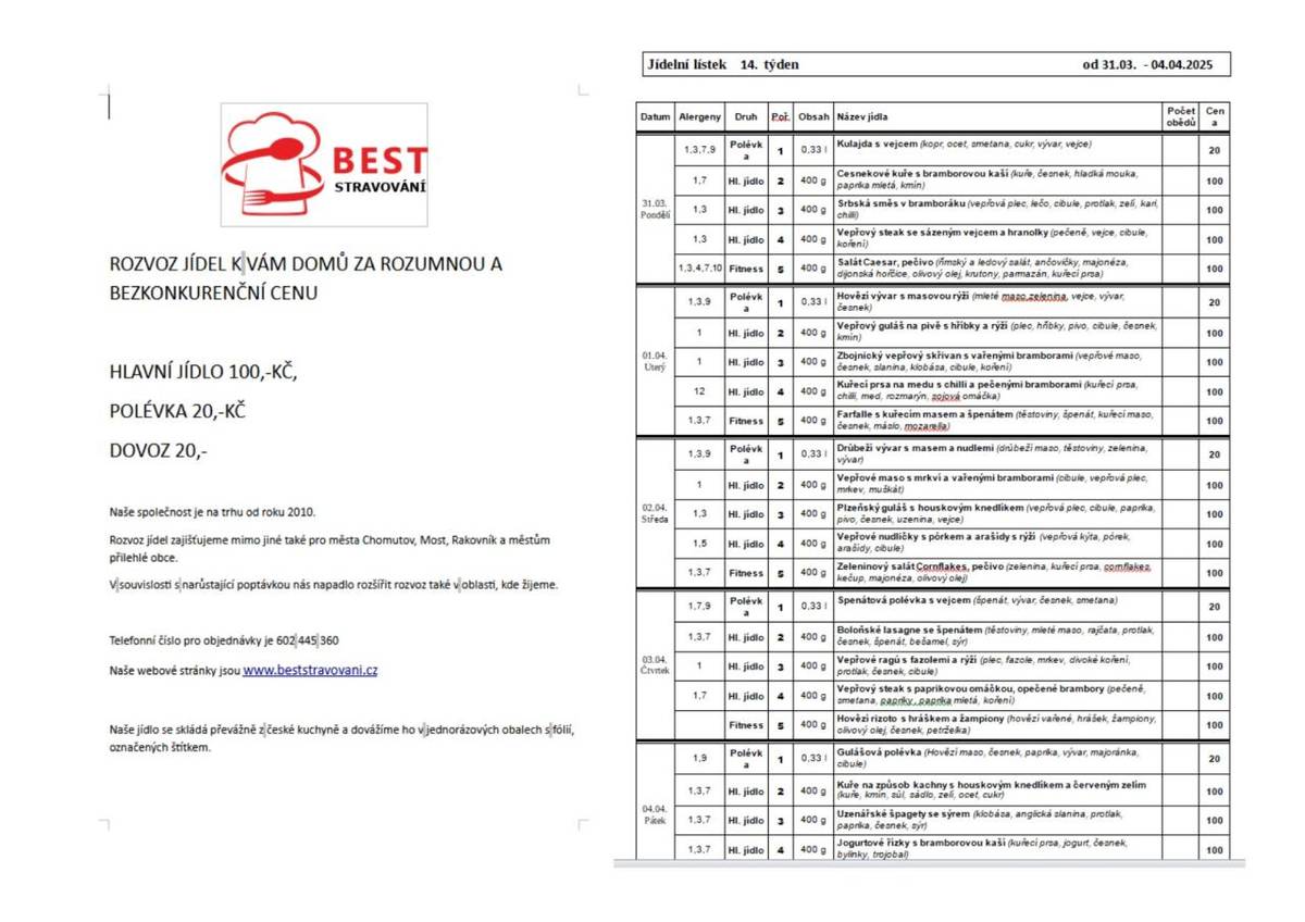 S radostí oznamujeme, že naše společnost BEST Stravování rozšiřuje rozvoz jídel do dalších oblastí. Nabízíme chutná jídla české kuchyně za bezkonkurenční ceny.