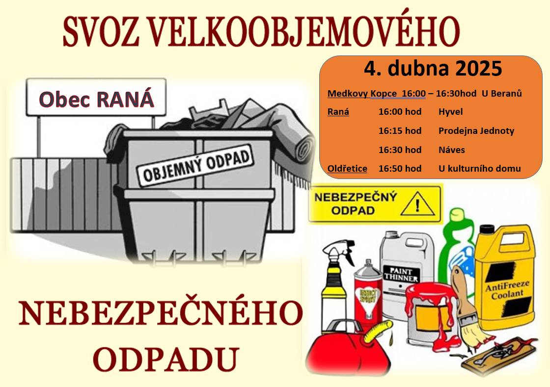 Medkovy Kopce - U Beranů 16:00 - 16:30 hod Raná  Hyvel       - 16:00 hod Jednota  - 16:15 hod Náves     - 16:30 hod   Oldřetice - U kulturního domu 16:50 hod